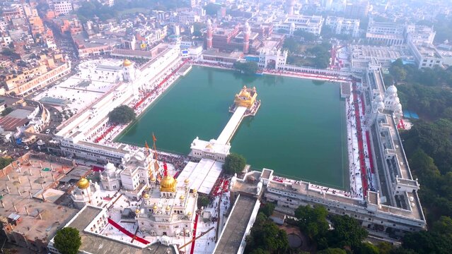 The Golden Temple also known as the Harimandir Sahib Aerial view by DJI mini3Pro Drone city of Amritsar, Punjab, India.