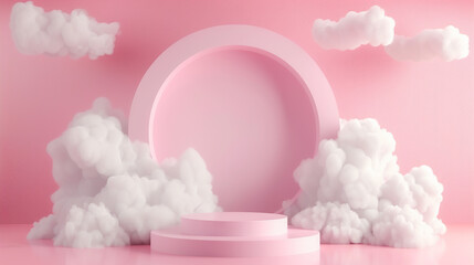 A pink cloud filled sky with a pink circular stage in the middle