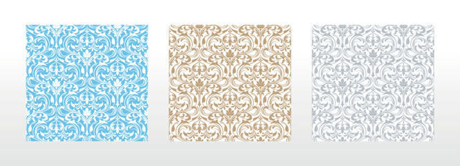 Fototapeta premium Wallpapers in the style of Baroque. Seamless vector backgrounds. Set of colored floral ornaments. Graphic patterns for fabric, wallpaper, packaging. Ornate Damask flower ornaments