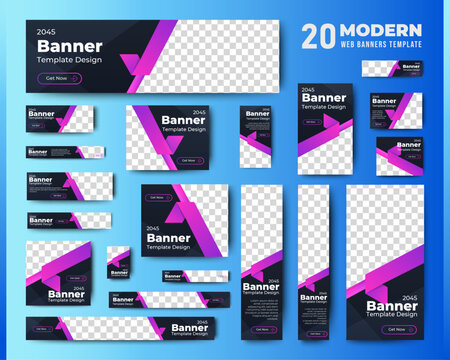 Black and purple Web banners templates, standard sizes with space for photo, modern design