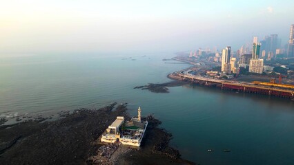 Fototapeta na wymiar Haji Ali Dargah - Mumbai Drone Footage, India Mumbai's Stunning Aerial view, 