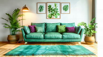 Contemporary Living Room with Green Plants, Grey Sofa, and Bright Natural Light, Modern and Stylish Interior
