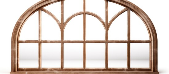 A wooden arched window with glass panes stands out against a white brick background, adding a touch of symmetry and elegance to the facade