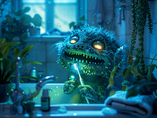 Night-time dental routine monster using a luminescent toothbrush