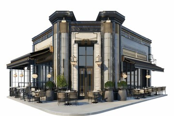 Chic brasserie with an Art Deco-inspired facade and elegant outdoor seating, evoking the glamour of 1920s Paris, on isolated white background, Generative AI - obrazy, fototapety, plakaty