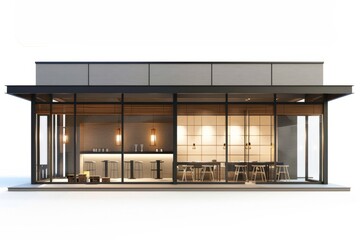 Contemporary sushi bar with sleek glass windows and a minimalist facade, showcasing the artistry of Japanese cuisine, on isolated white background, Generative AI