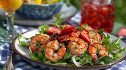 You cant resist taking a dip in the cool refreshing water as you enjoy a light picnic of mixed greens grilled shrimp and a refreshing strawberry vinaigrette. - obrazy, fototapety, plakaty