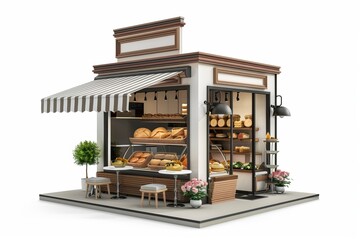 Cozy corner bakery with a display window filled with freshly baked goods and a quaint outdoor seating area, on isolated white background, Generative AI
