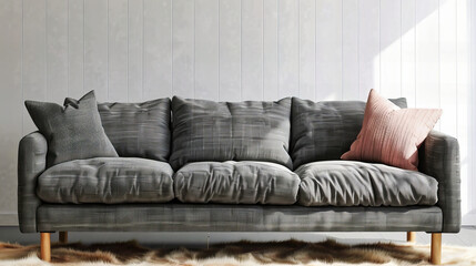 Fototapeta na wymiar Contemporary Living Room with Grey Sofa, Minimalist Decor, and Bright Space, Stylish and Comfortable Interior