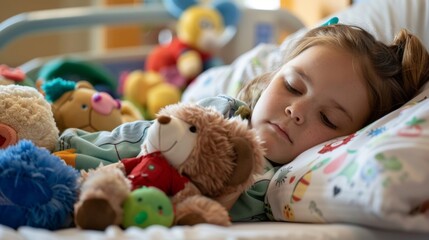 A child rests in their hospital bed comforted by a selection of their favorite toys that have been p by their bedside. - obrazy, fototapety, plakaty