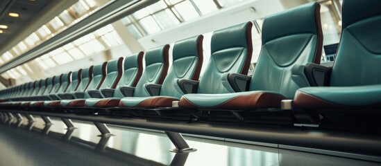 A row of empty seats on a train, surrounded by automotive exterior materials such as metal and bumpers. This rolling stock is a form of public transport designed with engineering precision