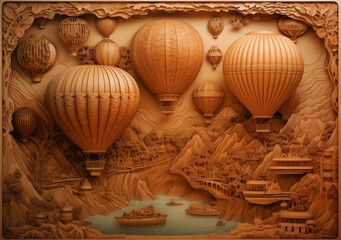 Skyward Carvings: A Handcrafted Wood Sculpture of Hot Air Balloons Soaring Through an Aerial Landscape