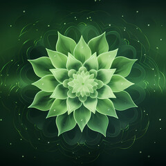 Green mandala detailed with soft glitter on a dark abstract background.