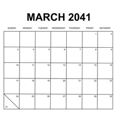 march 2041. monthly calendar design. week starts on sunday. printable, simple, and clean vector design isolated on white background.