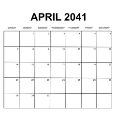 april 2041. monthly calendar design. week starts on sunday. printable, simple, and clean vector design isolated on white background.
