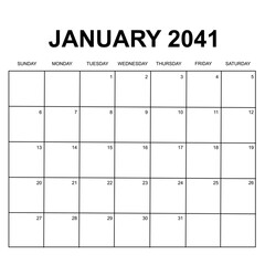 january 2041. monthly calendar design. week starts on sunday. printable, simple, and clean vector design isolated on white background. - obrazy, fototapety, plakaty