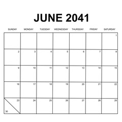 june 2041. monthly calendar design. week starts on sunday. printable, simple, and clean vector design isolated on white background.