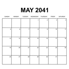 may 2041. monthly calendar design. week starts on sunday. printable, simple, and clean vector design isolated on white background.