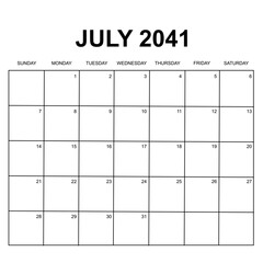 july 2041. monthly calendar design. week starts on sunday. printable, simple, and clean vector design isolated on white background.