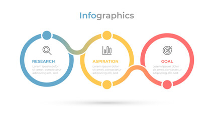 Business circles process. Timeline infographics with 3 steps, options, squares. Vector template.