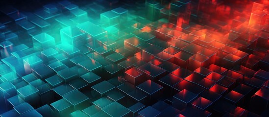 A computergenerated image featuring a pattern of blue and red cubes on a magenta background, creating a futuristic and dynamic feel. Perfect for an entertainment event or sciencethemed showcase