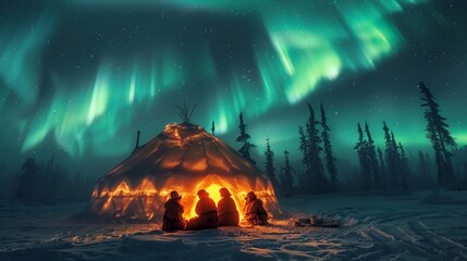Eskimo leaders in a snow igloo engaged in a pivotal meeting sharing wisdom under the aurora sky  - obrazy, fototapety, plakaty