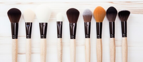 A line of makeup brushes on a white surface, essential for personal care and beauty routines. The sleek design and clean appearance make them a musthave for any art lover
