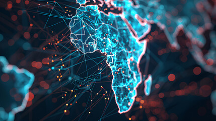 Digital map of Africa, concept of global network and connectivity, high speed data transfer and cyber technology, business exchange, information and telecommunication  - obrazy, fototapety, plakaty