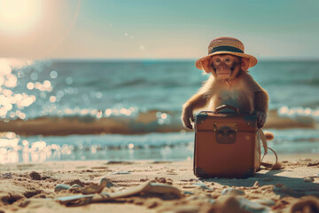 A monkey in a straw hat with a suitcase on the beach. The concept of a summer vacation.