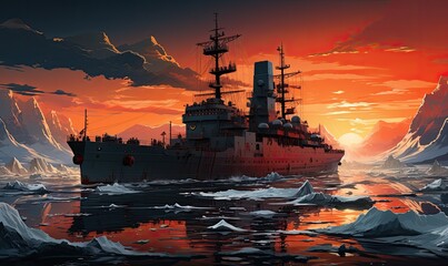 A powerful warship cuts through the icy waters of a polar region, under the captivating glow of a fiery sunset surrounded by glaciers.