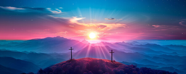 Two cross at sunrise symbolizes the gate to heaven, road, passage or ascension. Resurrection. Easter morning, Good Friday. Religion and christianity concept - obrazy, fototapety, plakaty