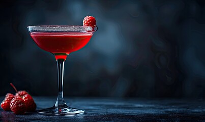 An elegant cocktail featuring a vibrant red hue, adorned with a fresh raspberry and a sugared rim, presented in a classic stemmed glass.