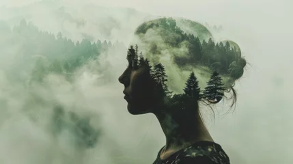 Schilderijen op glas c of a woman's head with a forest landscape as the background, the concept of harmony between man and nature © SHI
