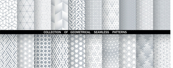 Geometric set of seamless gray and white patterns. Simple vector graphics