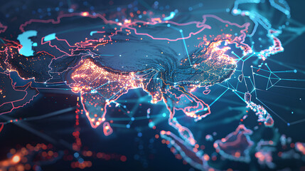 Digital map of Asia, concept of global network and connectivity, data transfer and cyber technology, business exchange, information and telecommunication  - obrazy, fototapety, plakaty