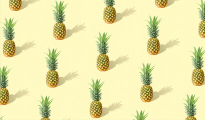 Trendy sunlight Summer pattern made with pineapple fruit on yellow light background. Minimal summer concept.Contemporary style. Creative art, minimal aesthetics.Minimal tropical fruit summer concept.