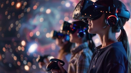 The children are standing in a large room their heads encased in black headsets with colorful buttons and switches. Their hands hold onto controllers as they navigate through