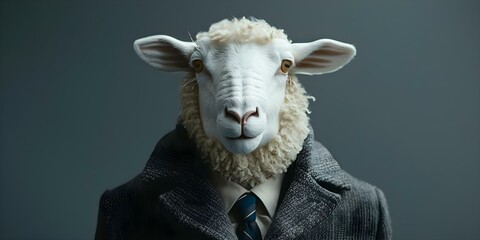 An anthropomorphic white sheep in a stylish suit with a tie. Concept Cute Anthropomorphic Sheep, Stylish Suit, Unique Photoshoot Concept