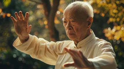 Tuinposter The aged but skilled hands of a Tai Chi master demonstrating a complex martial arts move with grace and precision. © Justlight