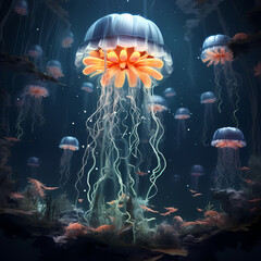 Surreal underwater scene with floating jellyfish around - obrazy, fototapety, plakaty