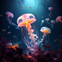 Surreal underwater scene with floating jellyfish around