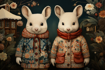 Vintage Bunny Duo: Enchanting Anthropomorphic Rabbits in Floral Fashion Wonderland