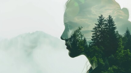 c of a woman's head with a forest landscape as the background, the concept of harmony between man and nature