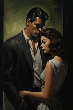Vintage Romantic Couple Embrace Painting

