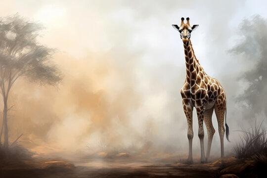 African giraffe walking on blurred nature background , Generative AI