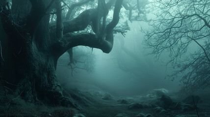 ethereal beauty of an old, mist-covered forest with gnarled trees and a mysterious path, evoking a sense of magic and solitude - Halloween background - Generative AI - obrazy, fototapety, plakaty