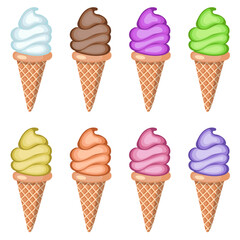 A set of ice cream with different flavors in waffle cones. Vector illustration isolated on white background.