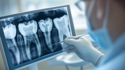 男性の歯科医師が歯のレントゲンを使用するリアルなシーン - obrazy, fototapety, plakaty