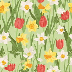 seamless pattern with red tulips and yellow narcissus, spring flowers, vector drawing wild plants at green background, floral cover design, hand drawn botanical illustration - obrazy, fototapety, plakaty