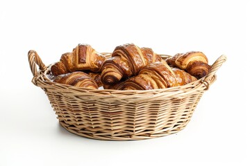 a basket full of croissants sitting on a isolated background . generative ai